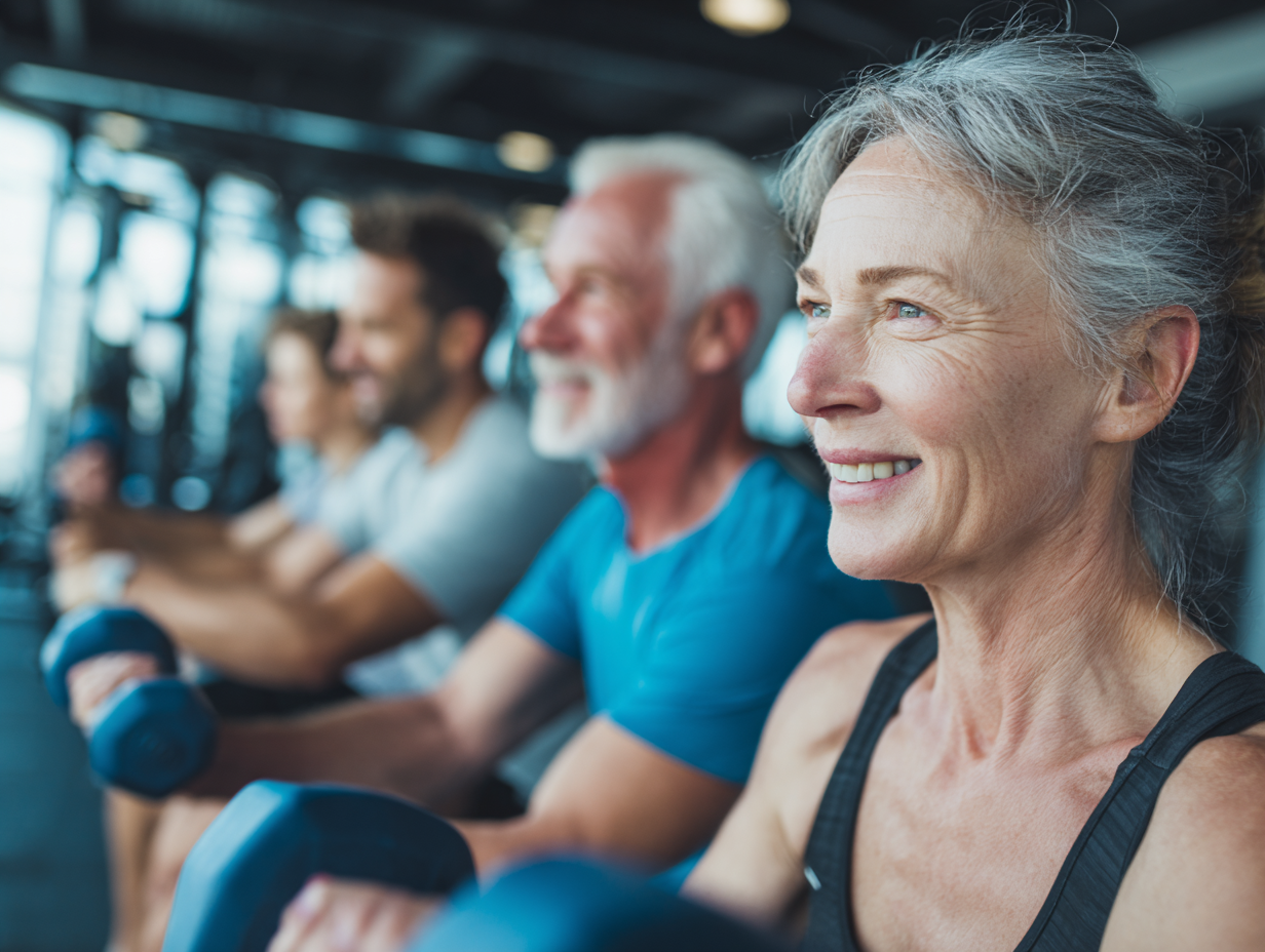 Разнообразна група от хора на различна възраст се упражняват заедно под ръководството на инструктор