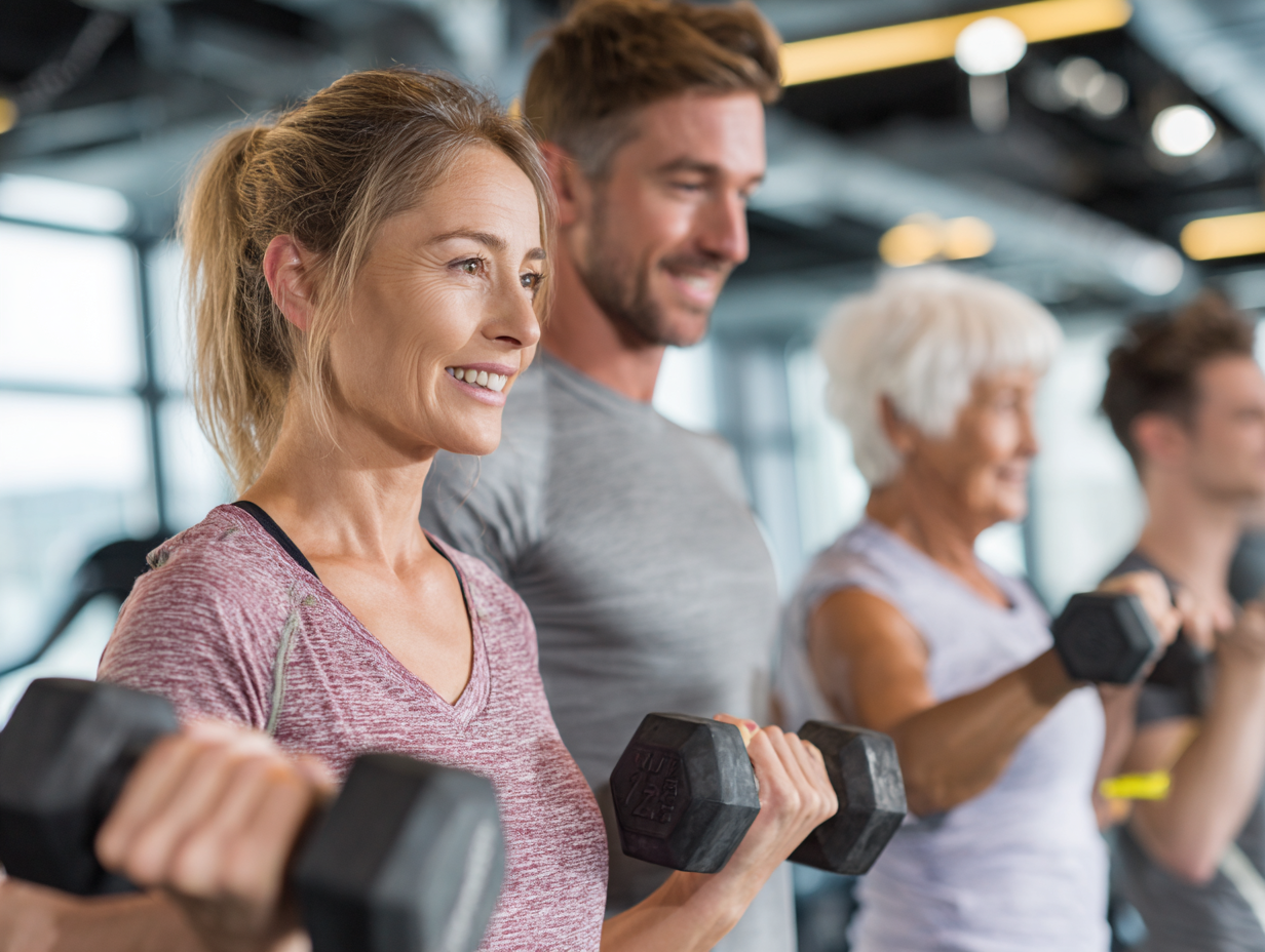 Група хора от различни възрасти се упражняват заедно в модерна фитнес зала